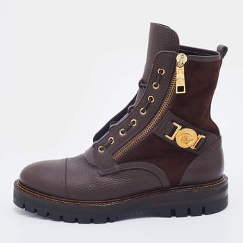 推荐Versace Brown Leather And Suede Medusa Combat Boots Size 43商品