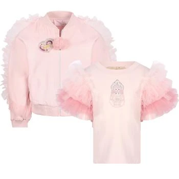 推荐Barbie tulle ruffle bomber jacket and matryoshka embellishment ruffled tulle sleeves top set in pink商品