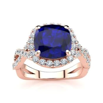3 1/2 Carat Cushion Cut Sapphire And Halo Diamond Ring With Fancy Band In 14 Karat Rose Gold