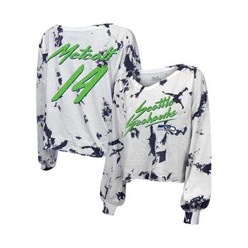 Majestic, Majestic | Women's Threads DK Metcalf White Seattle Seahawks Off-Shoulder Tie-Dye Name and Number Long Sleeve V-Neck Crop-Top T-shirt商品图片 7.4折