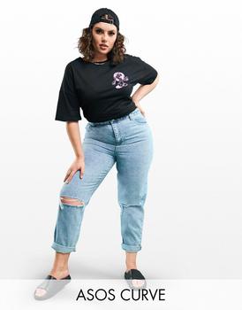 ASOS | ASOS DESIGN Curve high rise 'original' mom jeans in lightwash with rips商品图片,7折