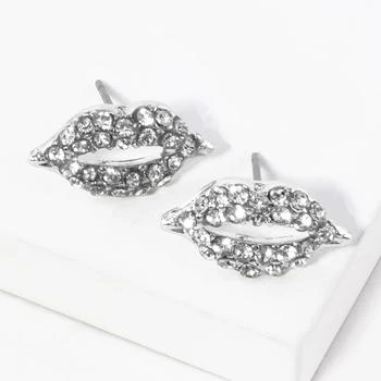 FASHNZFAB | Crystal Rhinestone Paved Lips Stud Earrings - Clear, Rhodium,商家Premium Outlets,价格¥147