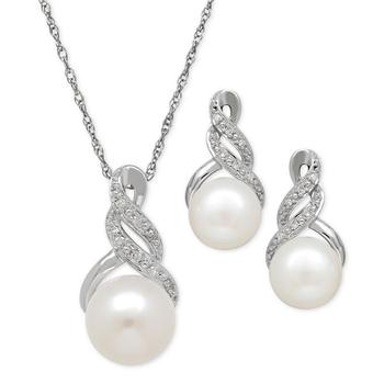 Macy's | Cultured Freshwater Pearl (8 & 9mm) and Diamond Accent Pendant Necklace and Earrings Set in Sterling Silver or 14k Gold Over Silver商品图片,2.4折