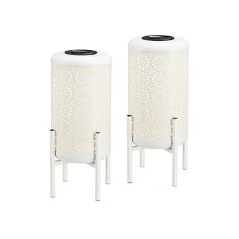 Glitzhome | 14.25" H Set of 2 Metal Cutout Flower Pattern Solar Powered LED Outdoor Lantern with Stand,商家Macy's,价格¥599