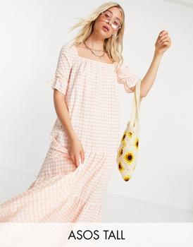 推荐ASOS DESIGN Tall tiered maxi smock dress in peach gingham商品