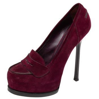 ysl高跟鞋评价, [二手商品] Yves Saint Laurent | Yves Saint Laurent Purple Suede Tribtoo Penny Loafer Platform Pumps Size 38商品图片 6.7折, 满1件减$100, 满减
