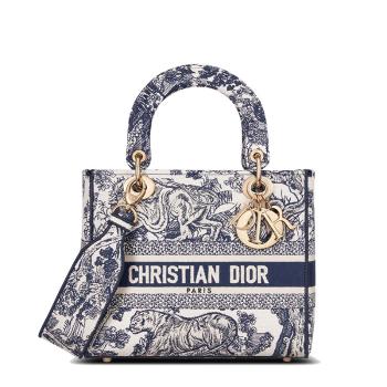 迪奥手提包, Dior | 【预售3-7天】DIOR/迪奥 21秋冬LADY D-LITE系列 女士中号蓝色印花双面刺绣织物宽肩带单肩斜挎手提戴妃包M0565OTDT_M808商品图片 8折, 包邮包税