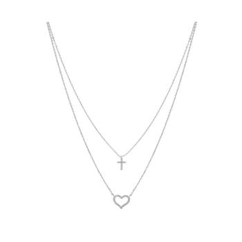 Unwritten | Fine Silver Plated Cubic Zirconia Cross and Heart Layered Pendant Necklace商品图片,独家减免邮费