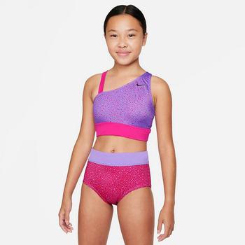 推荐Girls' Nike Swim Water Dots Asymmetrical Top and High Waist Bottoms Bikini Set商品