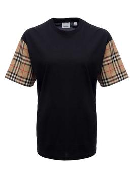Burberry | Burberry Black Cotton T-shirt With Vintage Check Sleeves商品图片,7.7折