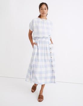 推荐Linen-Blend Side-Button Midi Skirt in Gingham Check商品