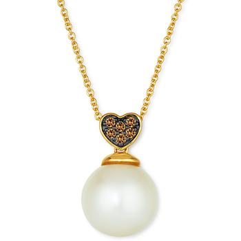 商品Vanilla Pearl (10mm) & Chocolate Diamond (1/20 ct. t.w.) Heart Cluster Adjustable Pendant Necklace in 14k Gold图片