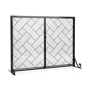 Hivvago | 3-Panel Folding Wrought Iron Fireplace Screen with Doors and 4 Pieces Tools Set-Black,商家Premium Outlets,价格¥839