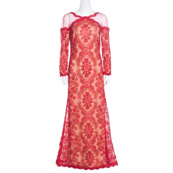 商品Tadashi Shoji Red Floral Lurex Embroidered Sheer Shoulder Detail Gown M图片