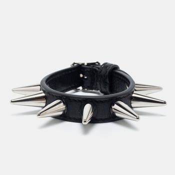 商品Gucci Black Leather Spike Studded Bracelet S图片