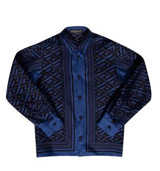 推荐Young Versace Kids Blue Navy /Nero Greca-print Silk Shirt, Size 8Y商品