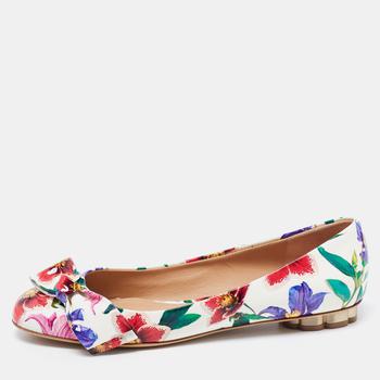 菲拉格慕芭蕾鞋, Salvatore Ferragamo | Salvatore Ferragamo White Floral Print Patent Leather Avola Bow Ballet Flats Size 37商品图片 4.8折