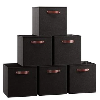 Foldable Linen Storage Cube Bin with Leather Handles - Set of 6