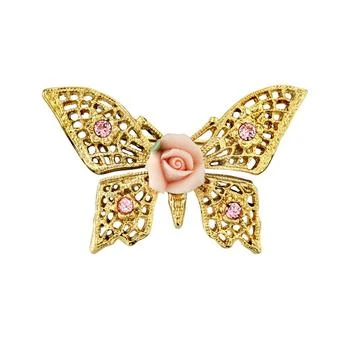 2028 | Gold-Tone Pink Crystal and Porcelain Rose Butterfly Brooch,商家Macy's,价格¥313
