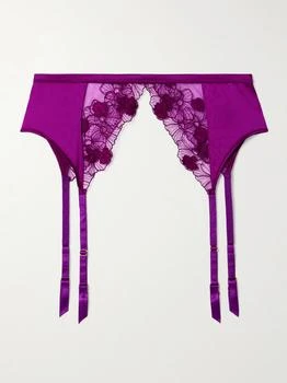 Kiki De Montparnasse | Violet 真丝混纺缎布贴花刺绣绢网吊袜腰带,商家NET-A-PORTER,价格¥1867