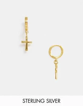 推荐ASOS DESIGN sterling silver hoop earrings with crosses and 14k gold plate商品