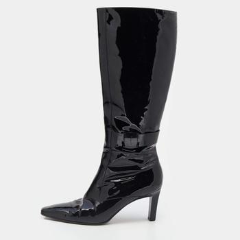 菲拉格慕鞋女靴, [二手商品] Salvatore Ferragamo | Salvatore Ferragamo Black Patent Leather Knee Length Boots Size 40商品图片 6.3折