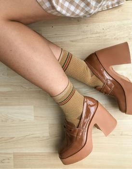 推荐ASOS DESIGN Profile chunky high heeled loafer in tan商品