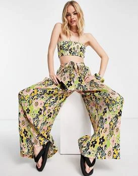 Topshop | Topshop 60's floral plisse wide leg beach trouser in multi 5.5折