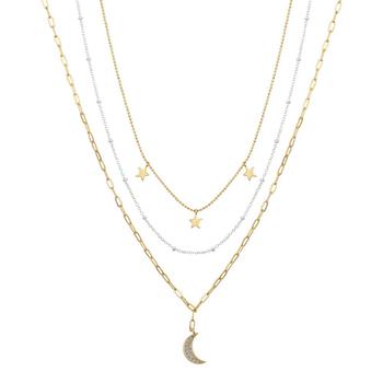 Unwritten | 14K Two-Tone Gold Crystal Moon Pendant on a Link Chain, Beaded Chain and Beaded Triple Star Chain, 3-Piece Necklace Set商品图片,6折×额外8.5折, 额外八五折