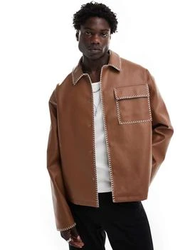 ASOS | ASOS DESIGN oversized faux leather harrington jacket with contrast stich in brown,商家ASOS,价格¥487