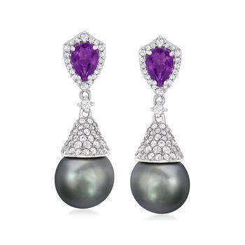 Ross-Simons | Ross-Simons 10.5-11mm Black Cultured Tahitian Pearl,  Amethyst and White Topaz Drop Earrings in Sterling Silver商品图片,3.1折