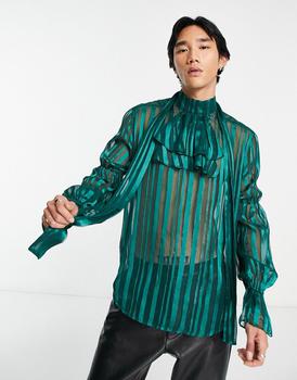 推荐ASOS DESIGN relaxed sheer stripe shirt with tie neck and ruffle front in green商品
