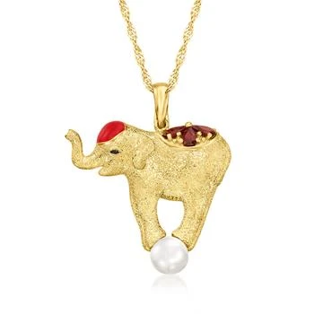Ross-Simons | Ross-Simons 7-7.5mm Cultured Pearl, . Garnet and Red Enamel Elephant Pendant Necklace With Black Spinel Accent in 18kt Gold Over Sterling,商家Premium Outlets,价格¥966