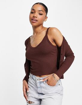 product Miss Selfridge ribbed cardigan and cami set co-ord in chocolate image