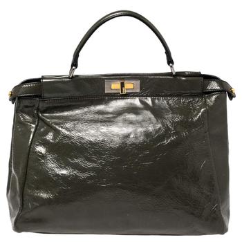 推荐Fendi Dark Grey Crinkled Patent Leather Large Peekaboo Top Handle Bag商品