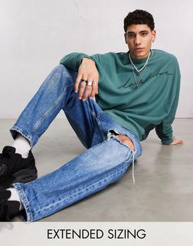 ASOS | ASOS Dark Future oversized sweatshirt in polar fleece with front embroidery in teal商品图片,5.4折