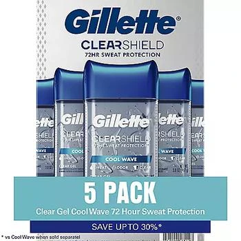 推荐Gillette Cool Wave Clear Gel Men's Antiperspirant and Deodorant (3.8 oz., 5 pk.)商品