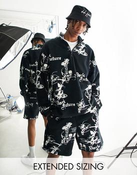 ASOS | ASOS Dark Future co-ord oversized quarter zip sweatshirt in polar fleece with all over logo print in black商品图片,