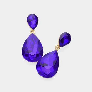 FASHNZFAB | Crystal Double Teardrop Evening Earrings - Gold, Sapphire,商家Premium Outlets,价格¥142
