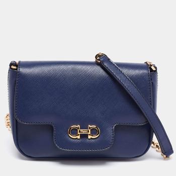 菲拉格慕包女包, [二手商品] Salvatore Ferragamo | Salvatore Ferragamo Navy Blue Saffiano Leather Gancini Icona Vit Paris Crossbody Bag商品图片 6.7折