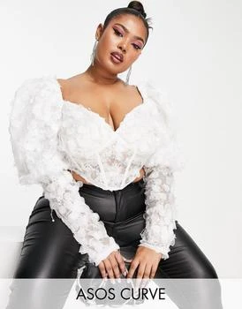 ASOS | ASOS DESIGN Curve premium 3D lace puff sleeve corset top in white 5折, 独家减免邮费