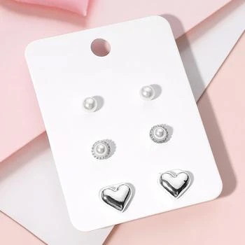 FASHNZFAB | 3Pairs - Pearl Metal Heart Stud Earring Set - Rhodium,商家Premium Outlets,价格¥187