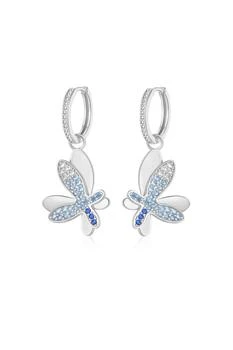 Classicharms | Silver Gradient Blue Pavé Diamond Butterfly Dangle Drop Hoop Earrings,商家Premium Outlets,价格¥662