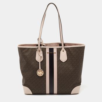 推荐Michael Kors Brown/Pale Pink Monogram Canvas And Leather Stripe Print Tote商品