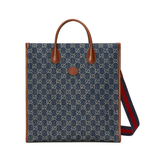古驰托特包, Gucci | GUCCI/古驰 22春夏新款 男士中号蓝色/象牙白老花帆布棕色皮革细节配可拆卸肩带单肩手提托特包6741552KQQT8391商品图片 8折×额外9.5折, 包邮包税, 额外九五折