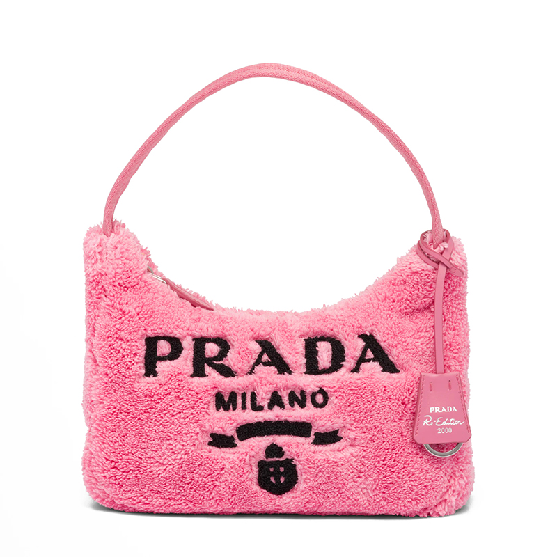 Prada | PRADA/普拉达 22新款Re-Edition 2000系列 女士迷你花瓣粉/黑色织物徽标印花饰可拆卸吊饰单肩斜挎毛圈包hoob流浪包1NE515_2DXO_F046J商品图片,额外9.5折, 包邮包税, 额外九五折