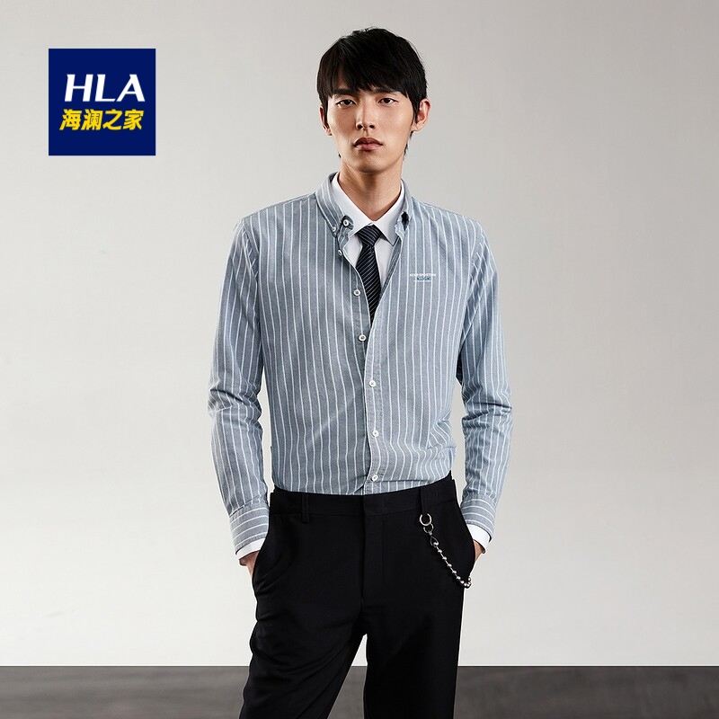 HLA | 海澜之家竖条纹长袖休闲衬衫2021新款清新舒适宽松衬衣男商品图片,包邮包税