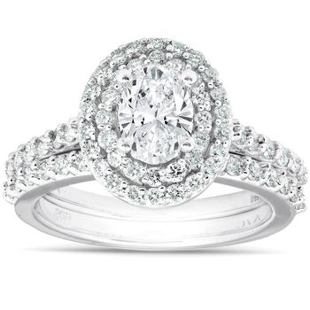 推荐2Ct Oval Diamond Double Halo Engagement Wedding Ring Set 14k White Gold商品