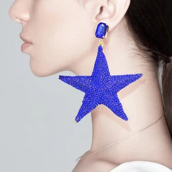 FASHNZFAB | Rhinestone Embellished Metal Star Dangle Earrings - Gold, Sapphire,商家Premium Outlets,价格¥161