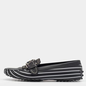 [二手商品] Tod's | Tod's Black/White Striped Leather Embellished Slip On Loafers Size 38商品图片,5.8折